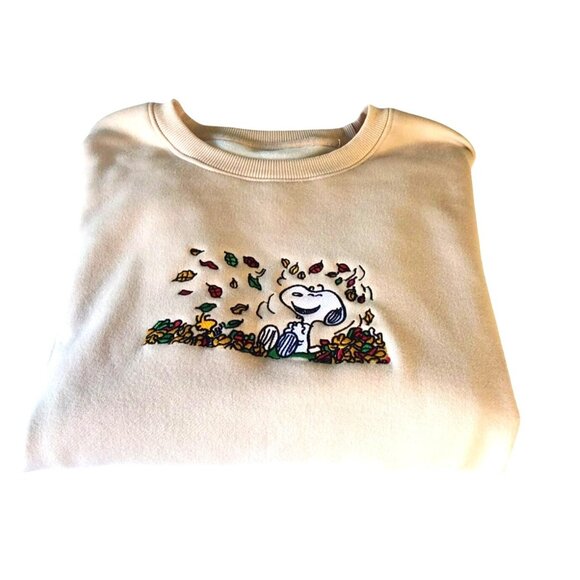 Snoopy Crewneck Beige Fall Leaves Graphic Embroidered Lined Sweatshirt - Picture 15 of 15
